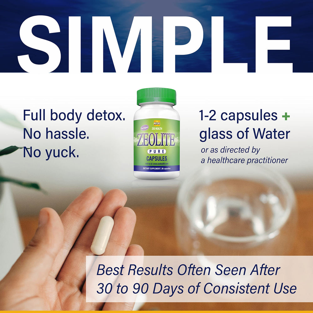 Zeo Health Zeolite Pure Capsules bottle closeup shows small particle size