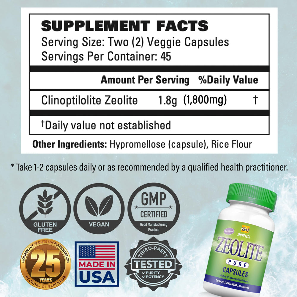 Zeo Health Zeolite Pure Capsules ingredients panel highlights 94% Clinoptilolite purity