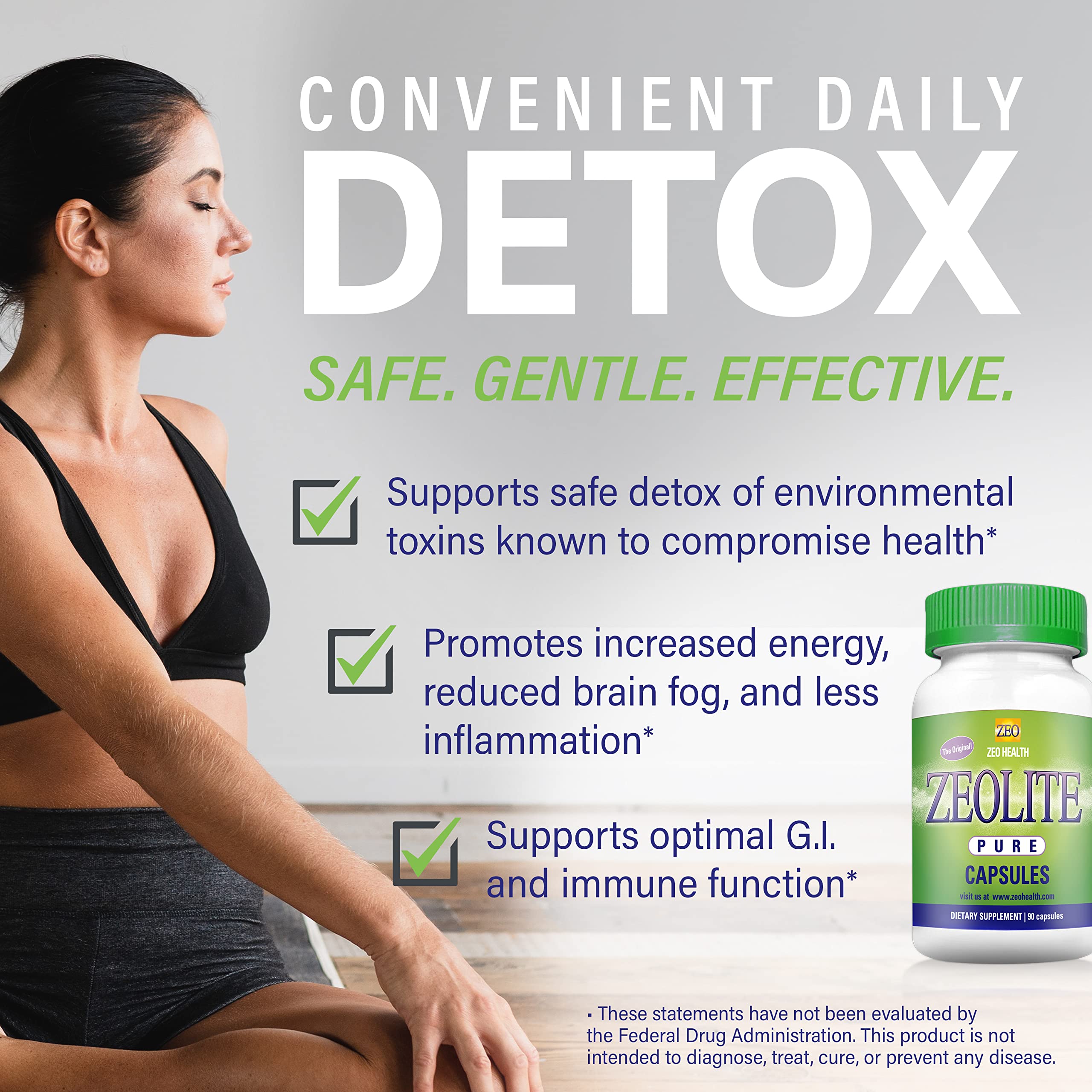 Zeo Health Zeolite Pure Capsules label highlighting purity and strength
