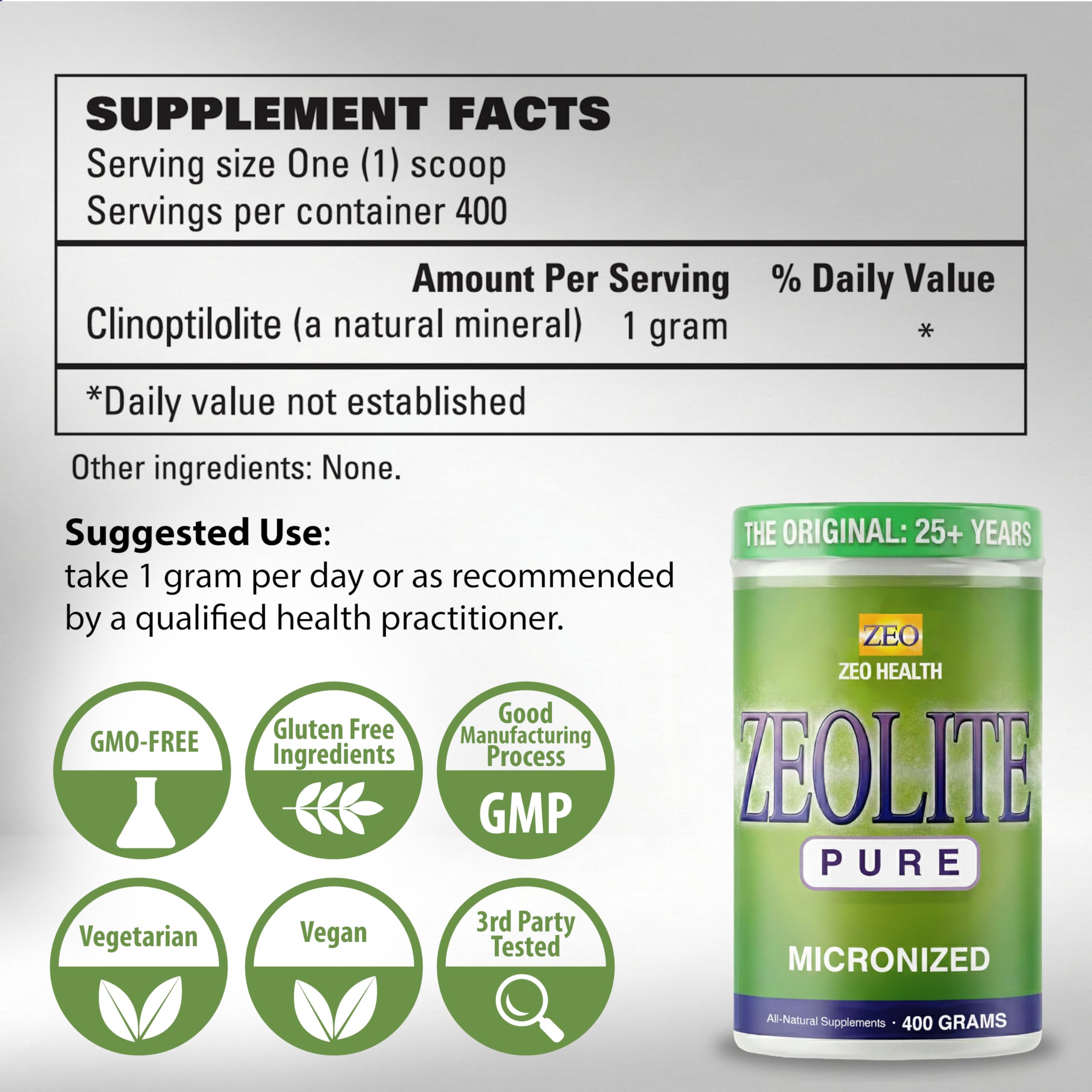 Package closeup highlighting purity and research-backed quality of Zeolite Pure