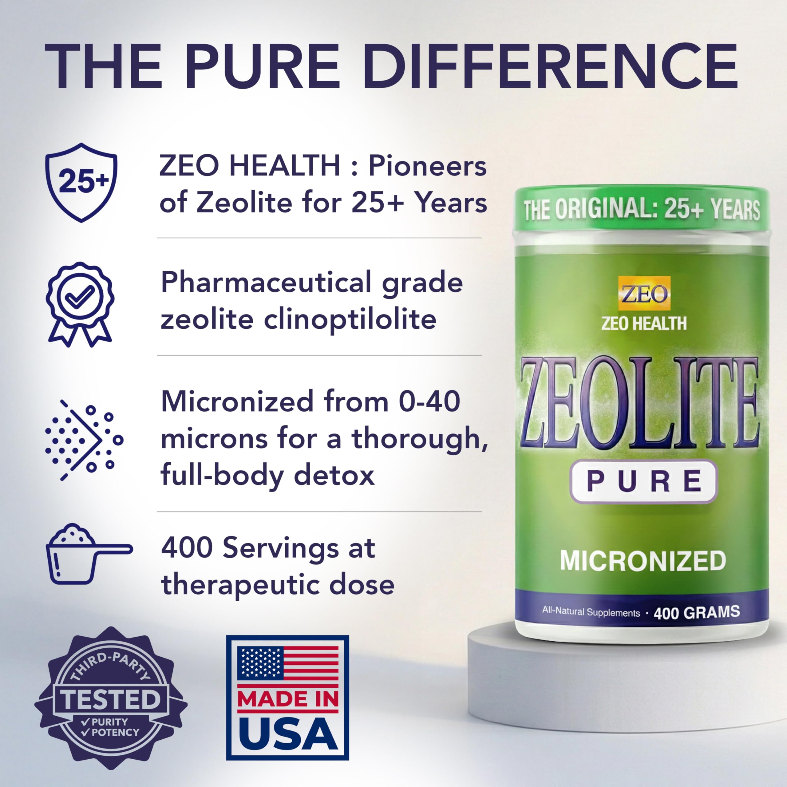Zeolite Pure powder scene highlighting clean, easy mixing with water after meals
