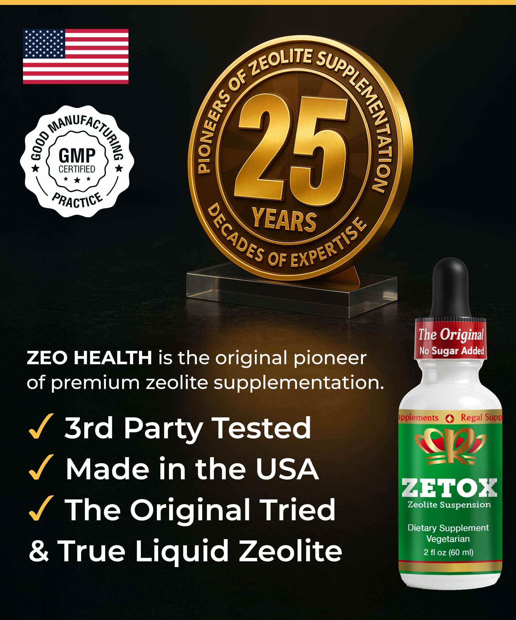 Zeo Health ZETOX USA manufacturing badge signals trusted sourcing.