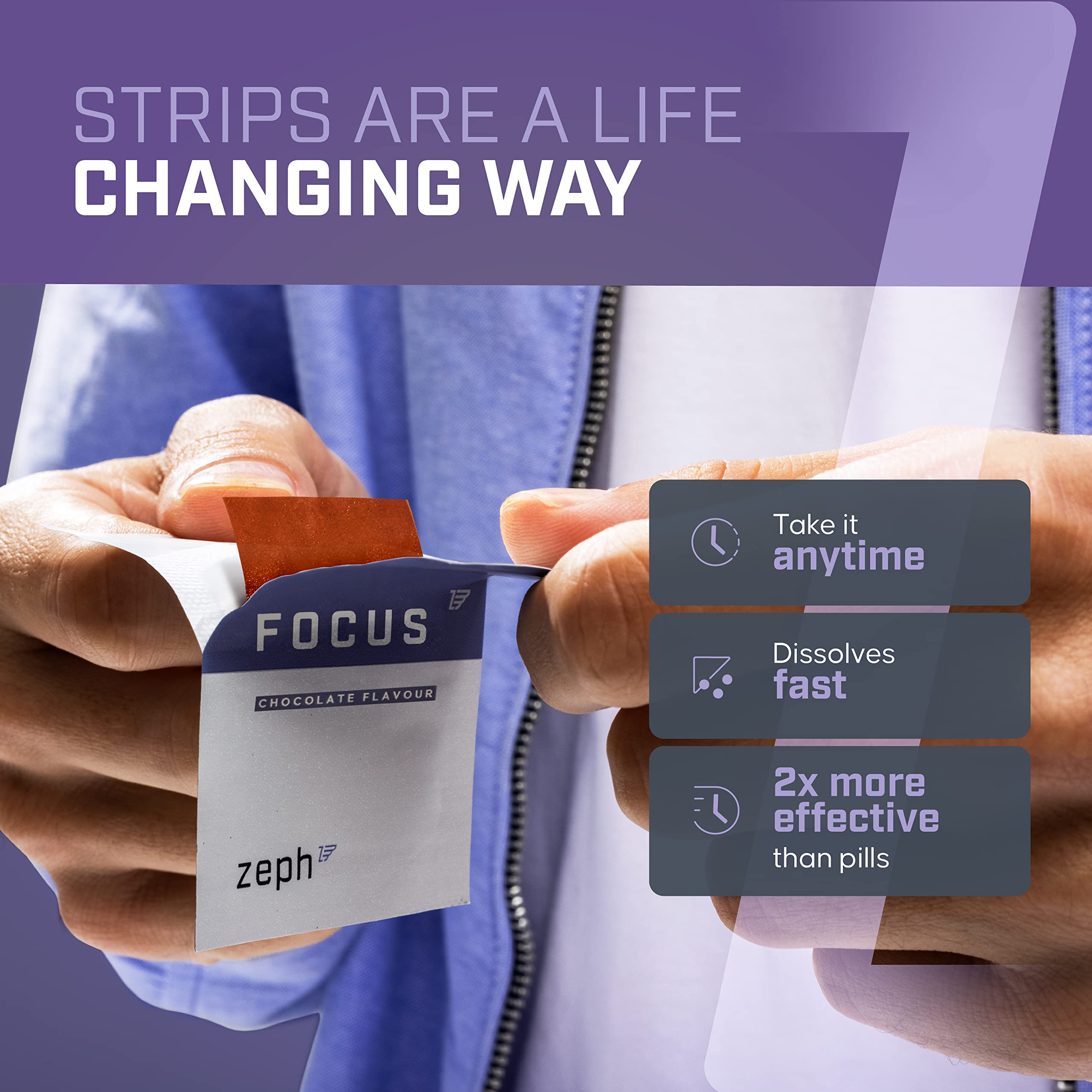 ZEPH Focus label close-up highlighting vegan and gluten-free ingredients.
