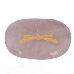 Zerodis rose quartz worry stone with gold dragonfly carving for portable stress relief.