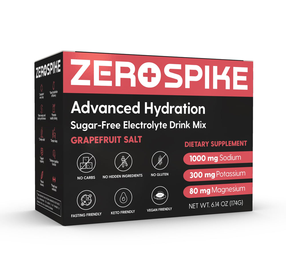 Zerospike on-the-go hydration scene with glass and packets.