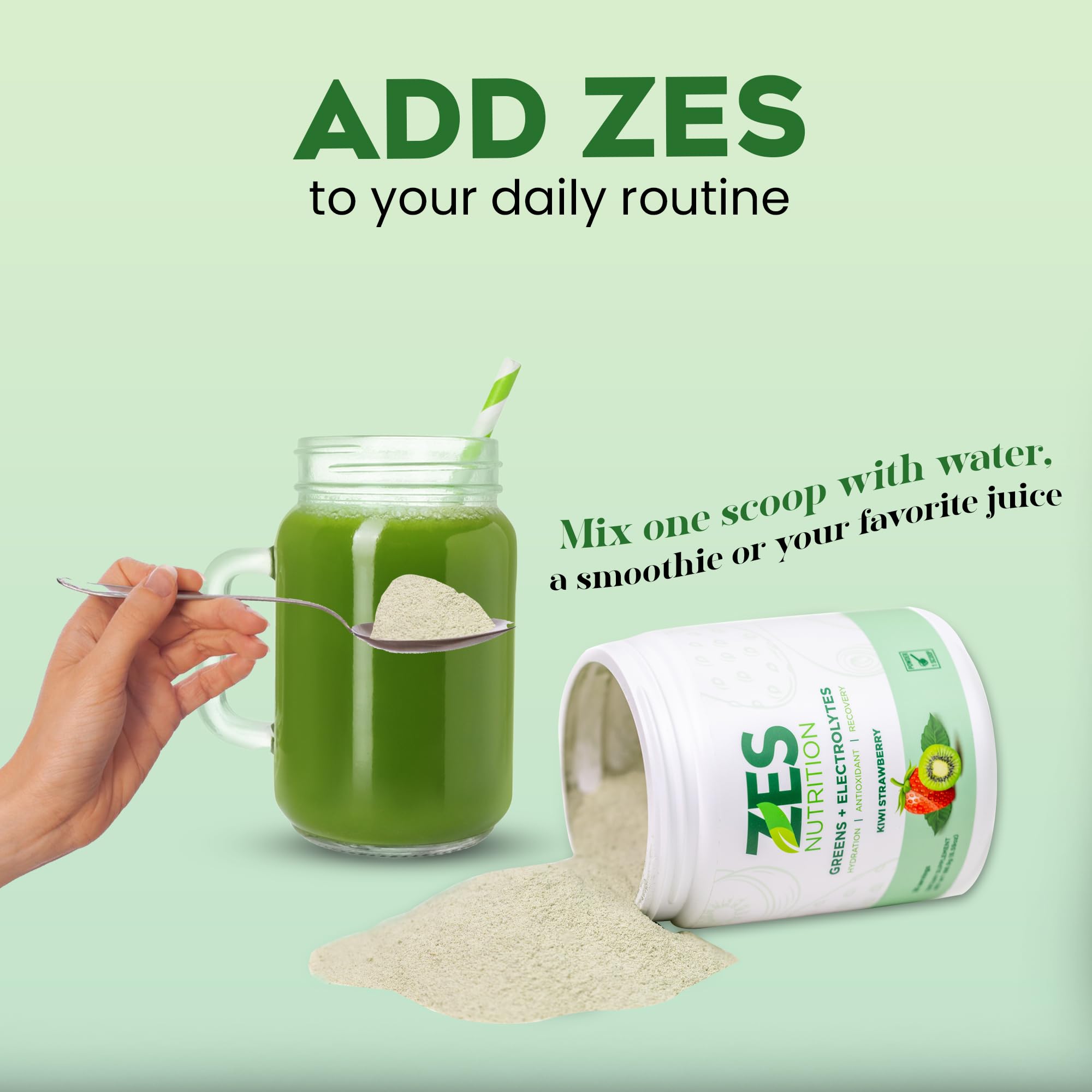 Powder texture and natural greens hint in ZES Greens + Electrolytes mix.