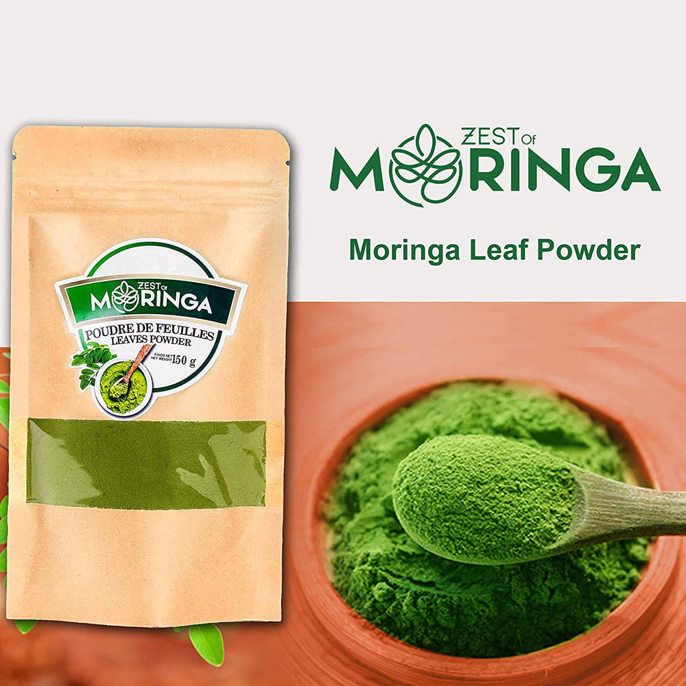 Zest Of Moringa natural packaging label — 100% natural leaf powder packaging.