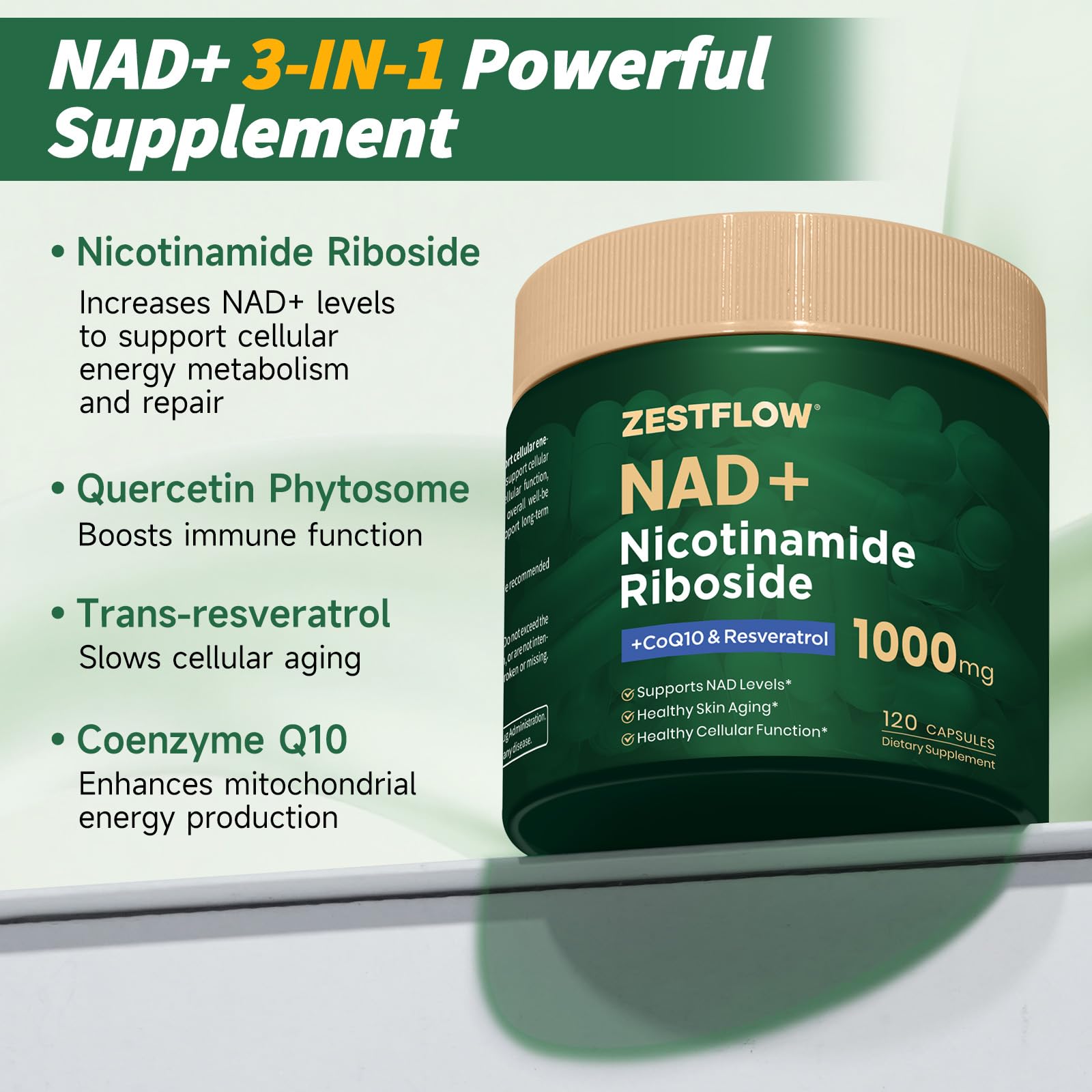 ZESTFLOW NAD Supplement capsules-closeup con NR y CoQ10 para energía celular