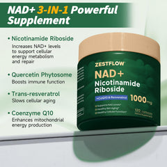 ZESTFLOW NAD Supplement capsules-closeup con NR y CoQ10 para energía celular