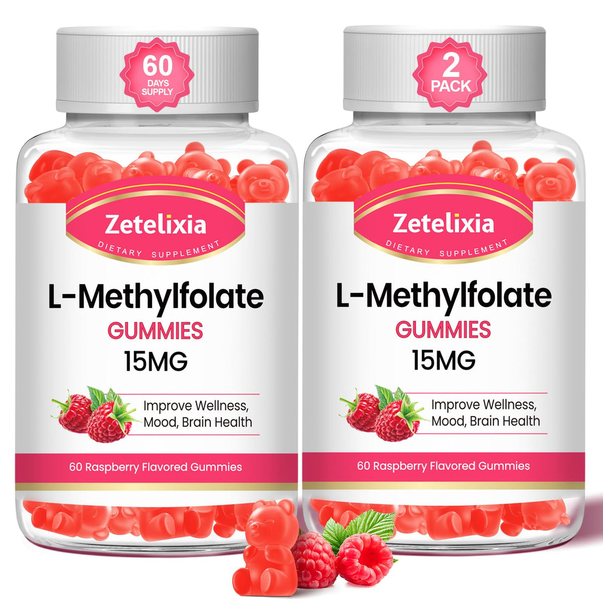 Zetelixia two-pack bottles with raspberry gummies for brain health and mood support.