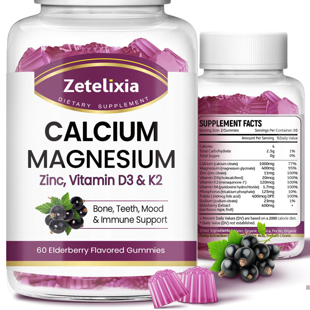 Zetelixia Calcium Gummies elderberry bottle for bone and immune support.