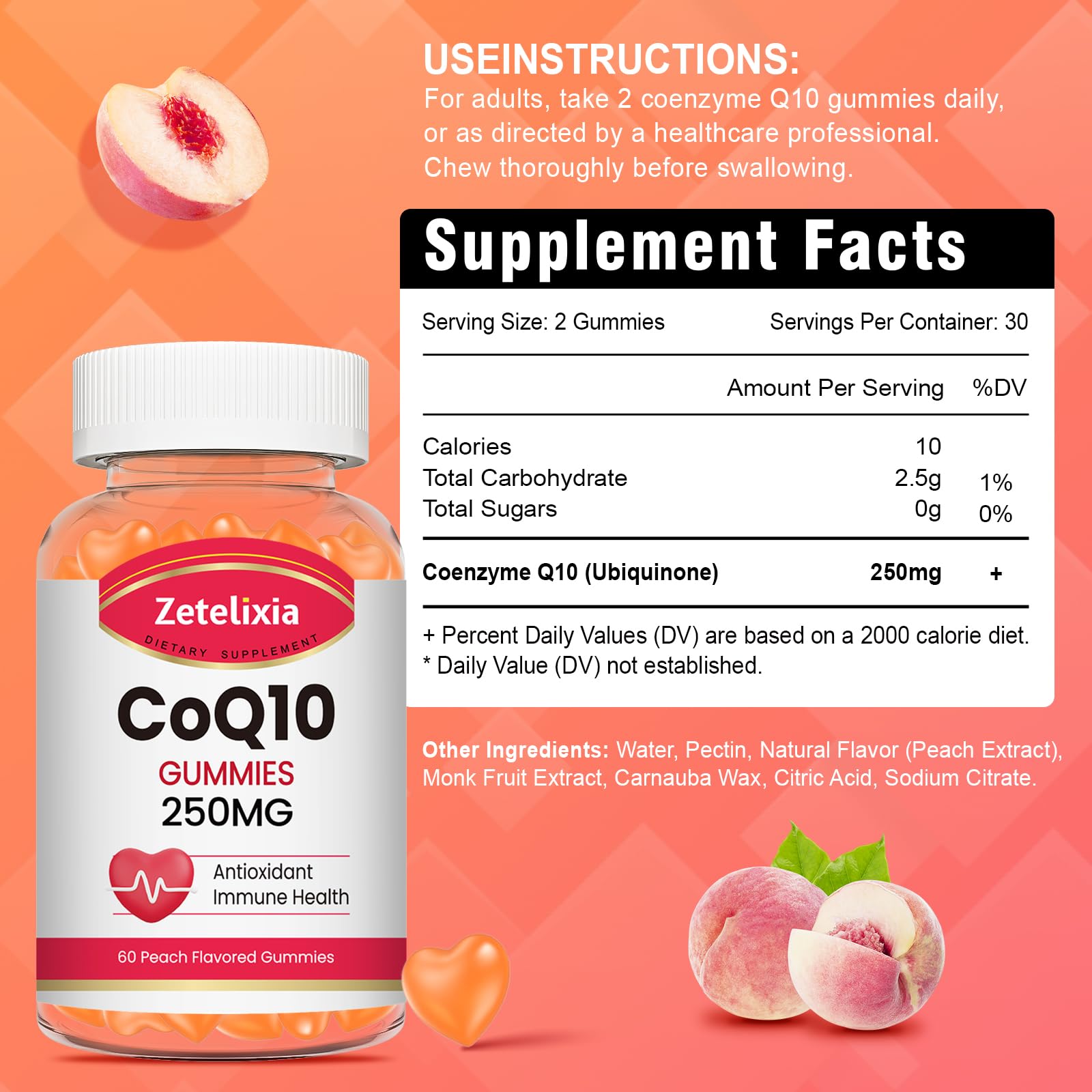 Zetelixia CoQ10 gummies peach texture highlighting smooth, easy digestion