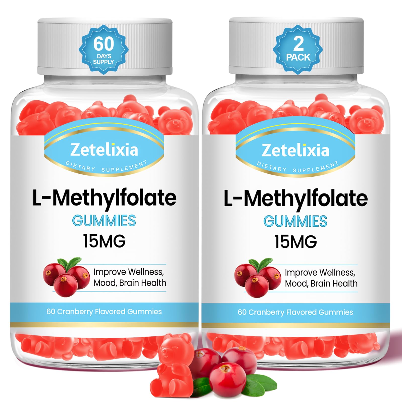 Zetelixia cranberry gummy bottle front highlighting vegan, sugar-free brain support.