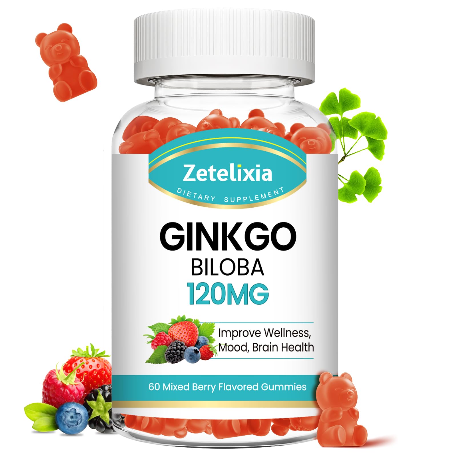 Zetelixia Ginkgo Biloba Gummies bottle with berry flavor supporting mood and focus.