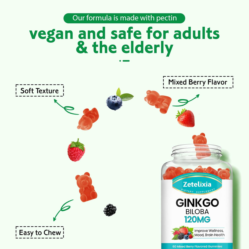 Zetelixia Ginkgo Biloba Gummies texture with berry bits for tasty daily use.