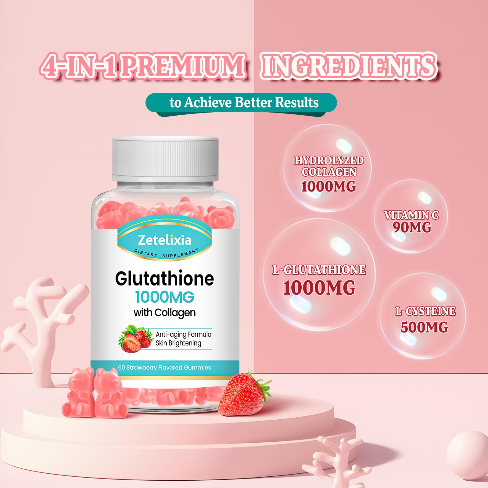 Gummy close-up reveals vitamin C and collagen ingredients for skin support