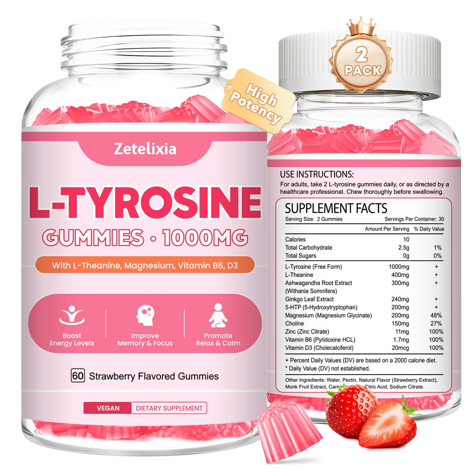 Zetelixia L Tyrosine Gummies bottle front for daily focus