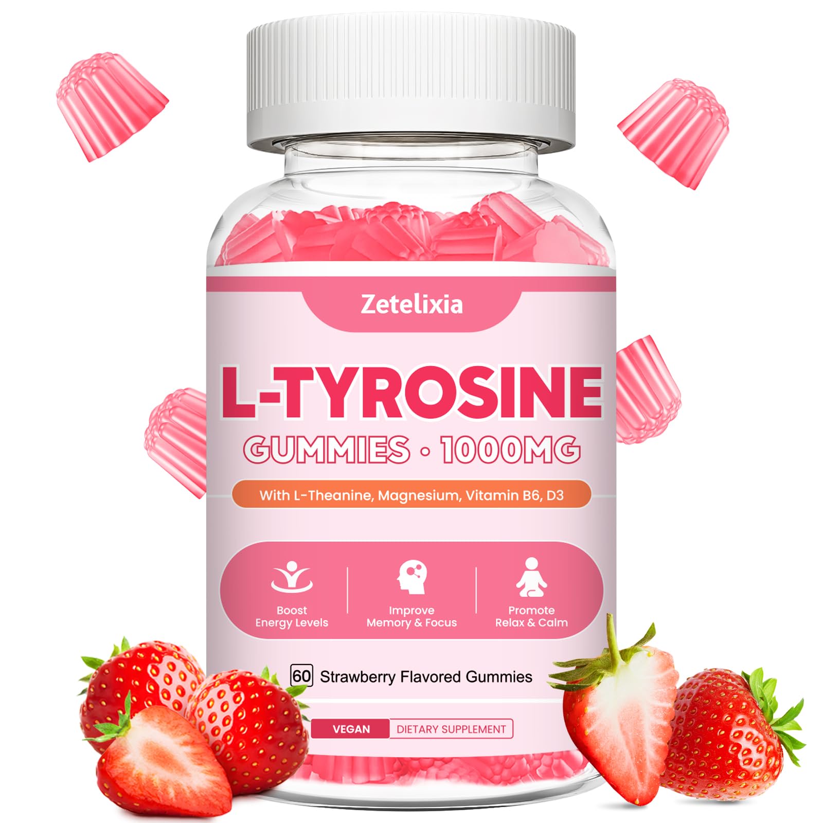 Zetelixia L-Tyrosine Gummies bottle with strawberry flavor for daily focus