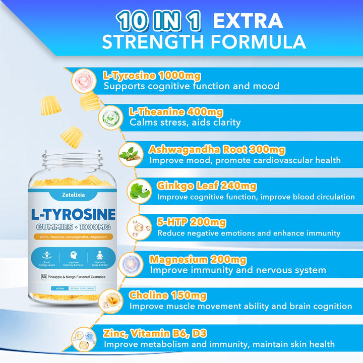 Zetelixia L Tyrosine Gummies packaging demonstrates vegetarian and sugar-free attributes