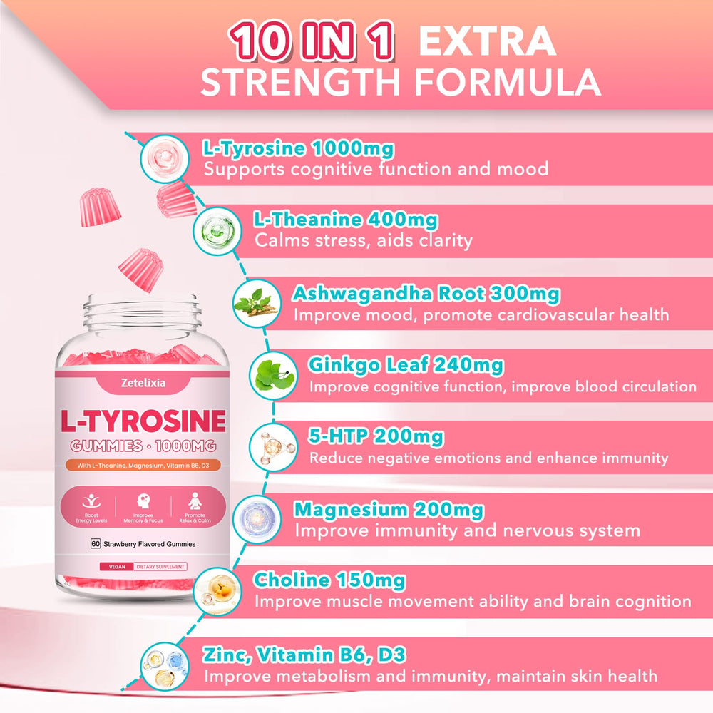 Zetelixia L Tyrosine Gummies strawberry flavor label indicating mood and focus