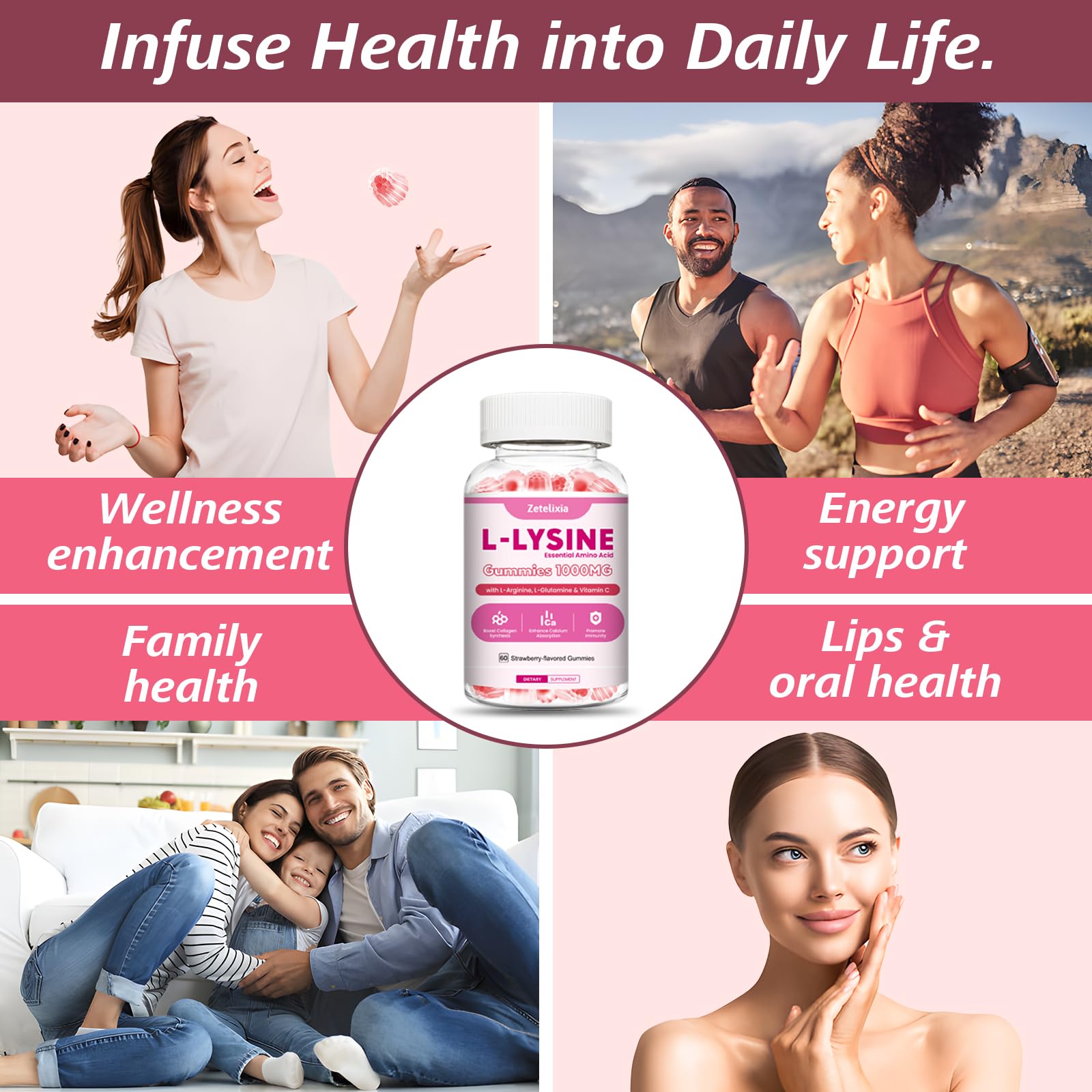 Zetelixia Lysine Gummies strawberry flavor label emphasizes taste