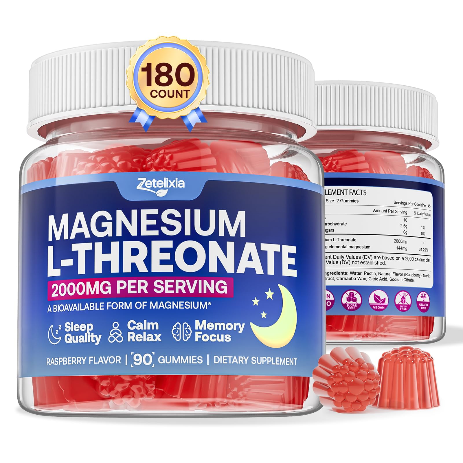 Zetelixia Magnesium L-Threonate Gummies, raspberry flavor for cognitive focus.