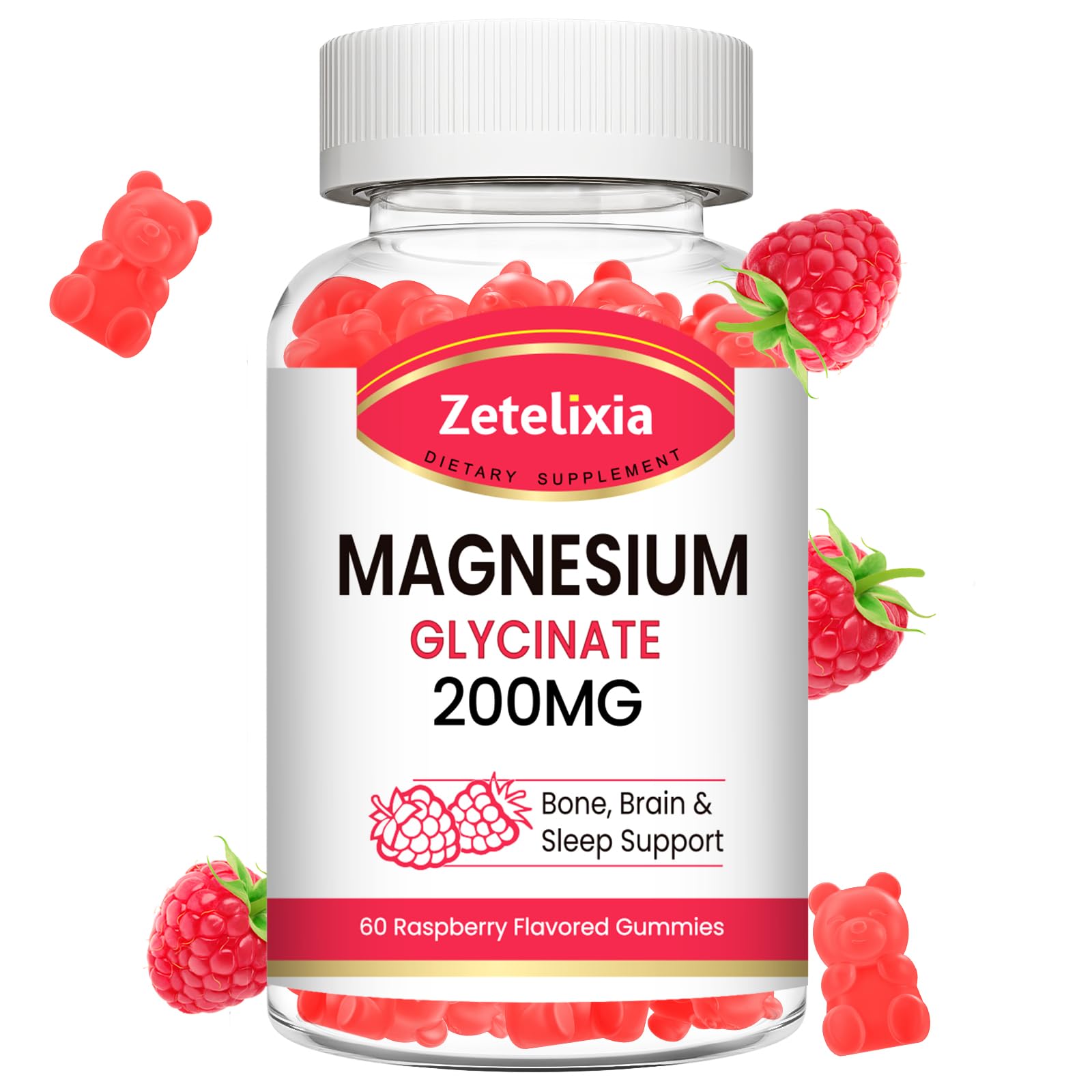 Zetelixia raspberry magnesium glycinate gummies bottle front view for easy daily use