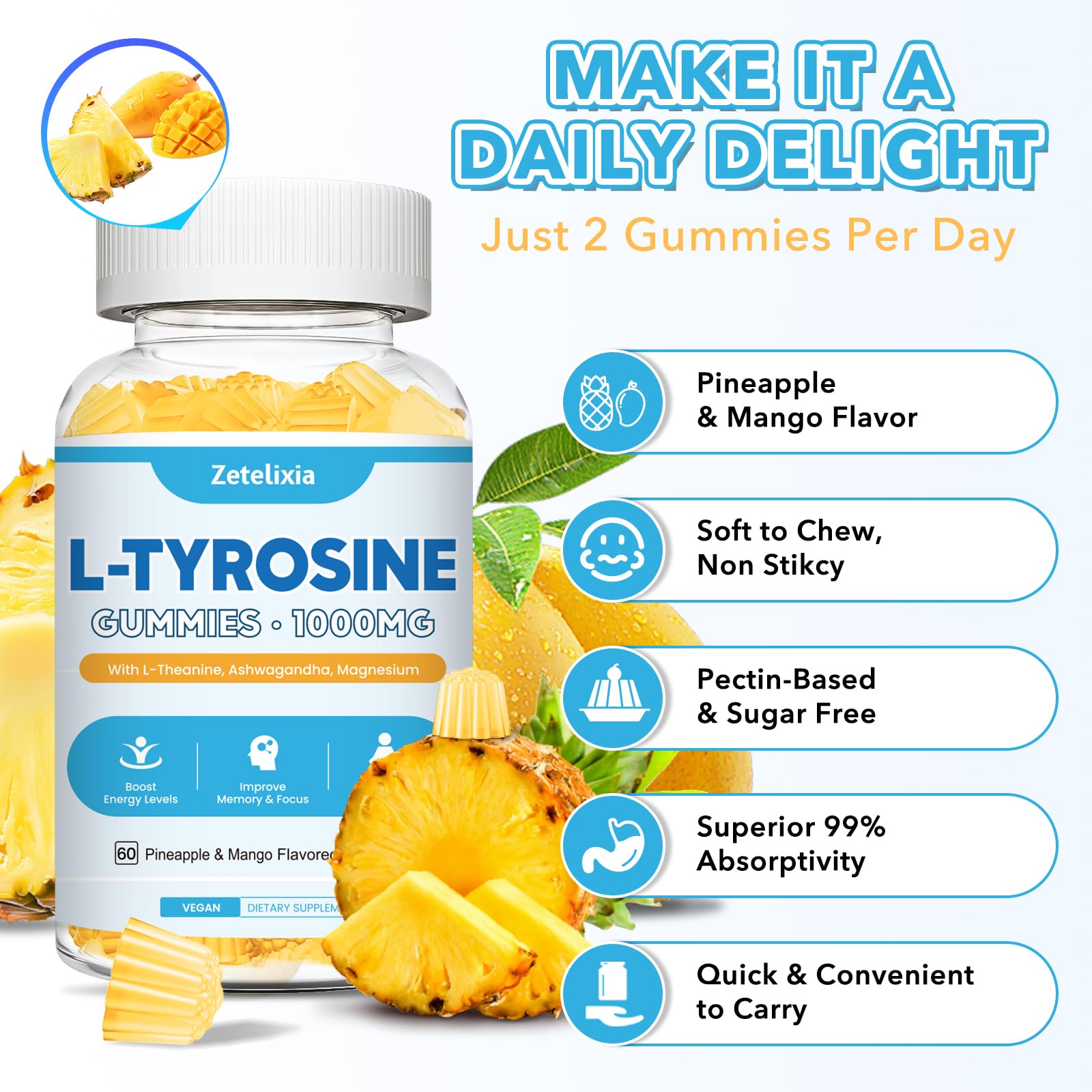 Zetelixia Tyrosine Gummies bottle back view with nutrition information
