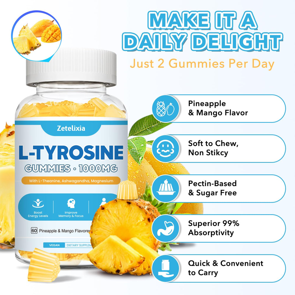Zetelixia Tyrosine Gummies bottle back view with nutrition information