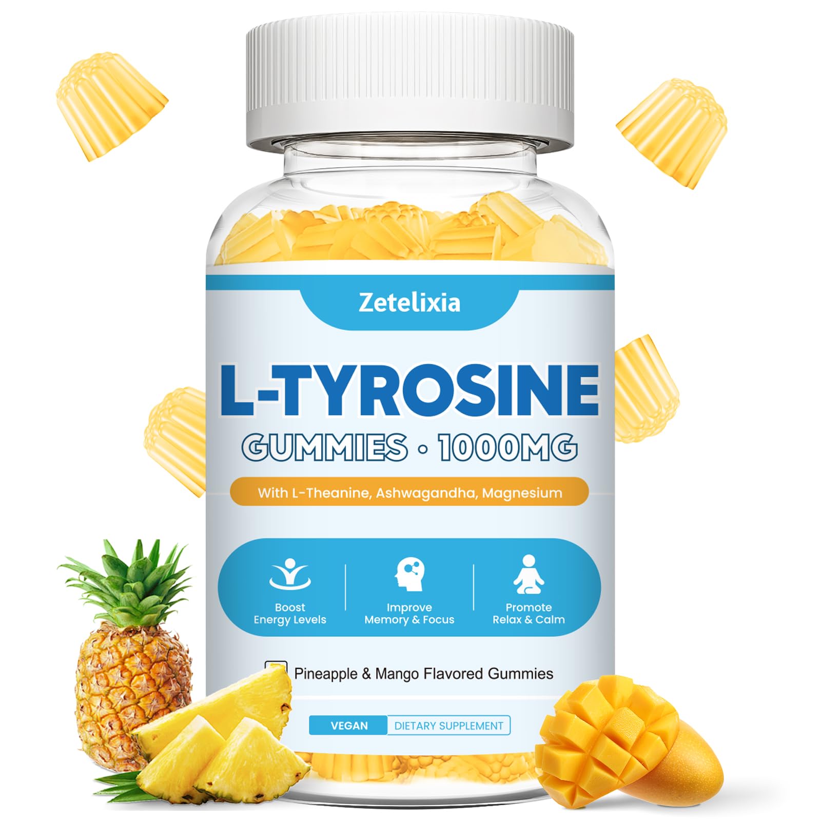Zetelixia Tyrosine Gummies bottle with pineapple-mango flavor supports focus and energy