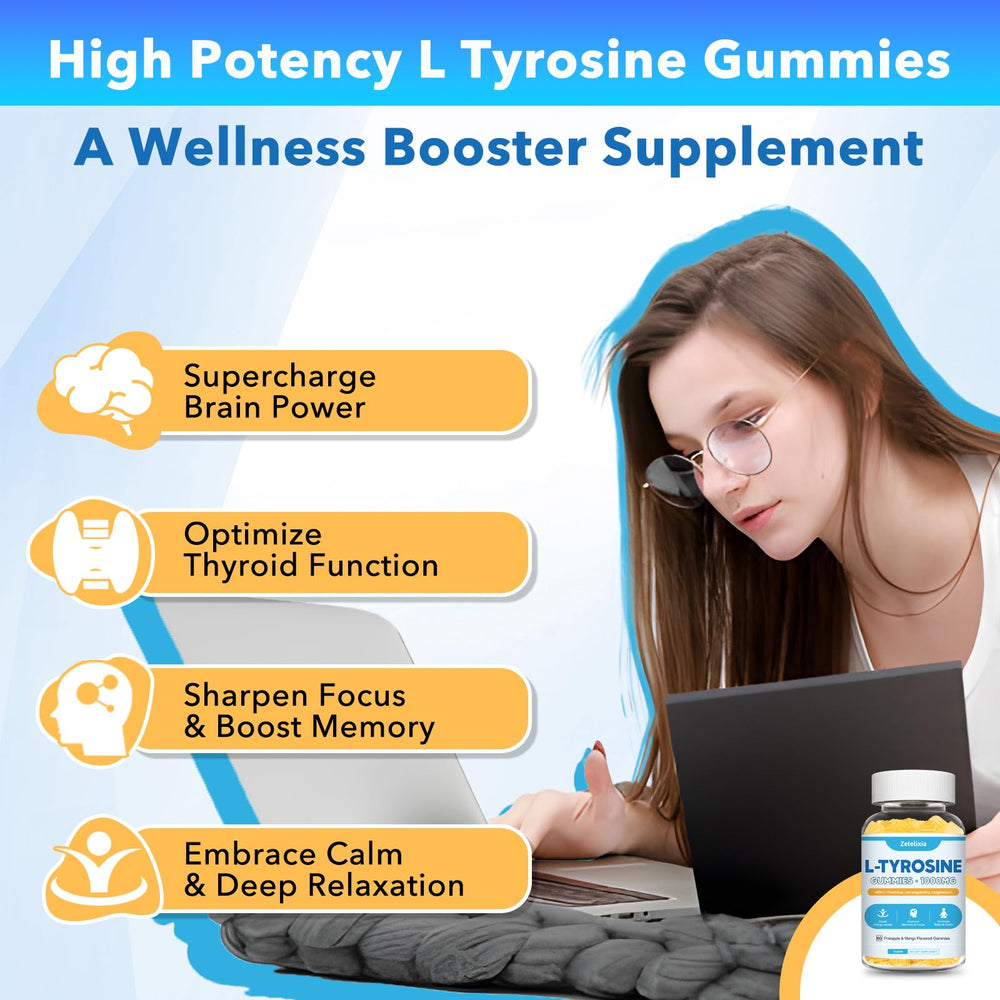 Close-up of Zetelixia Tyrosine Gummies highlights chewy texture for daily use