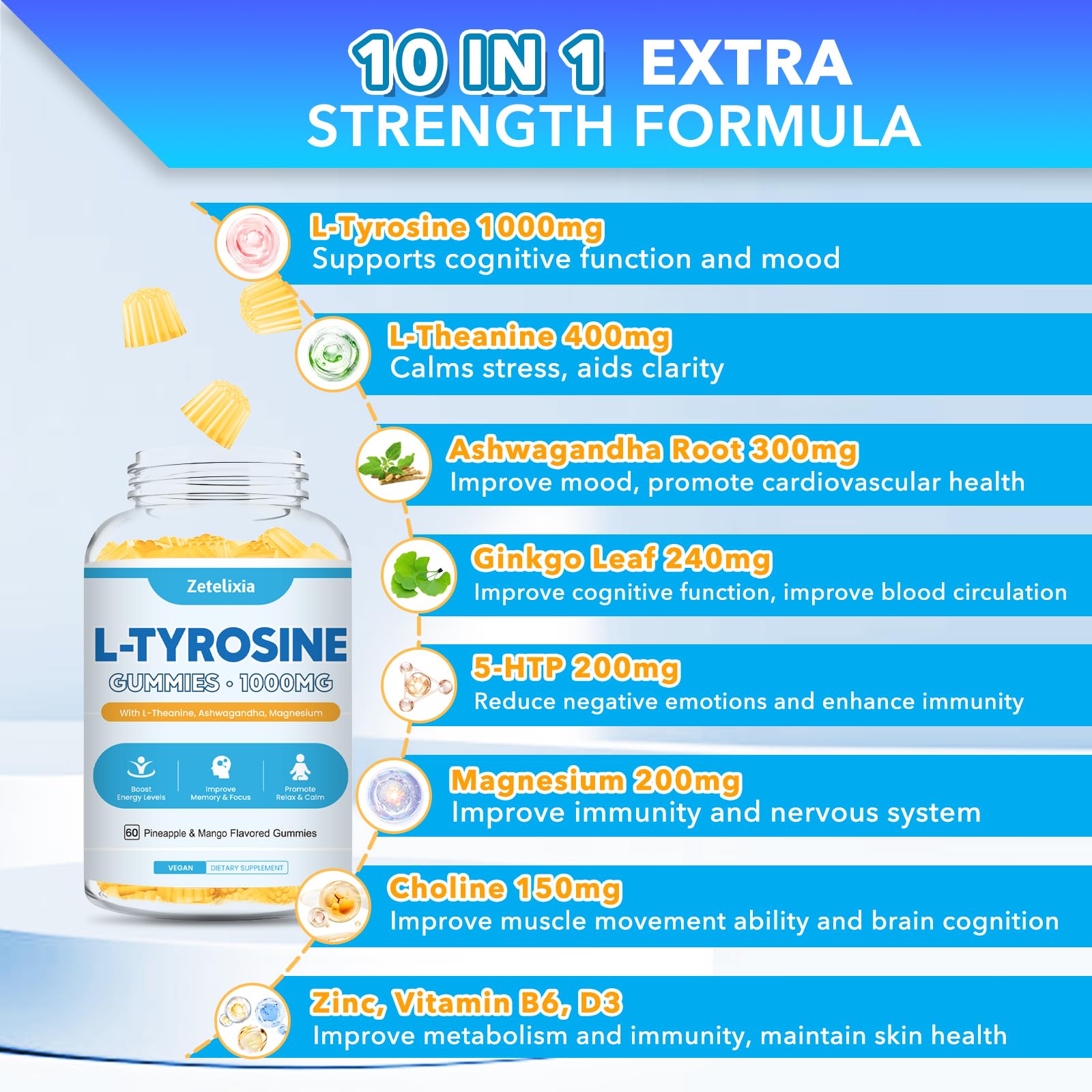 Flavor shot of Zetelixia Tyrosine Gummies emphasizes pineapple and mango notes
