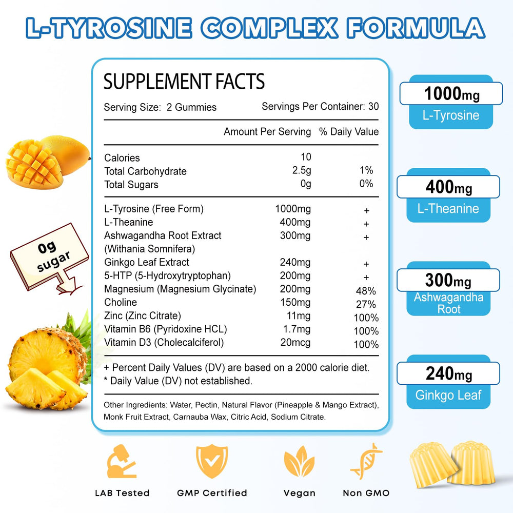 Zetelixia Tyrosine Gummies label confirms vegetarian and non-GMO credentials