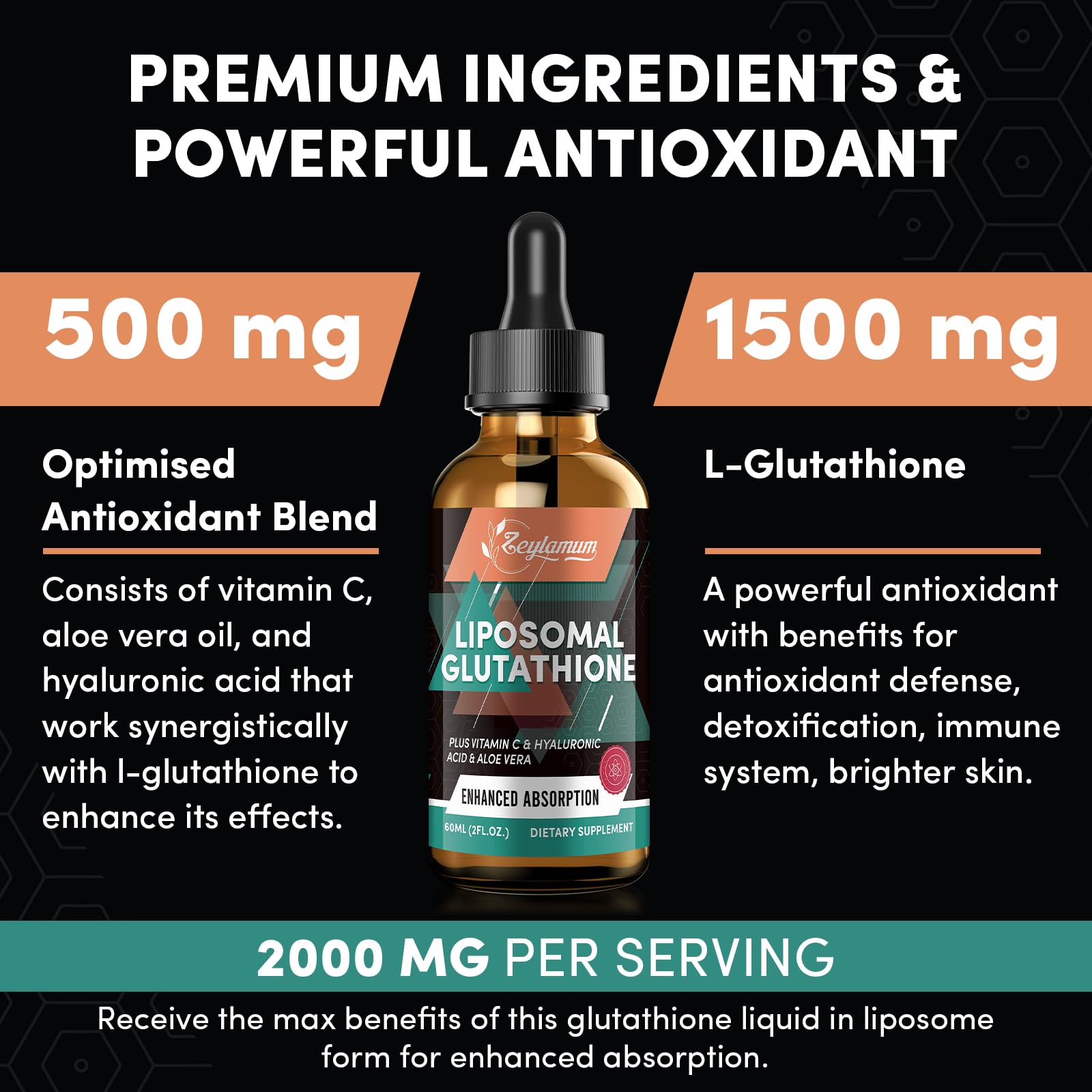 Zeylamum antioxidant blend with vitamin C and hyaluronic acid visible on label.