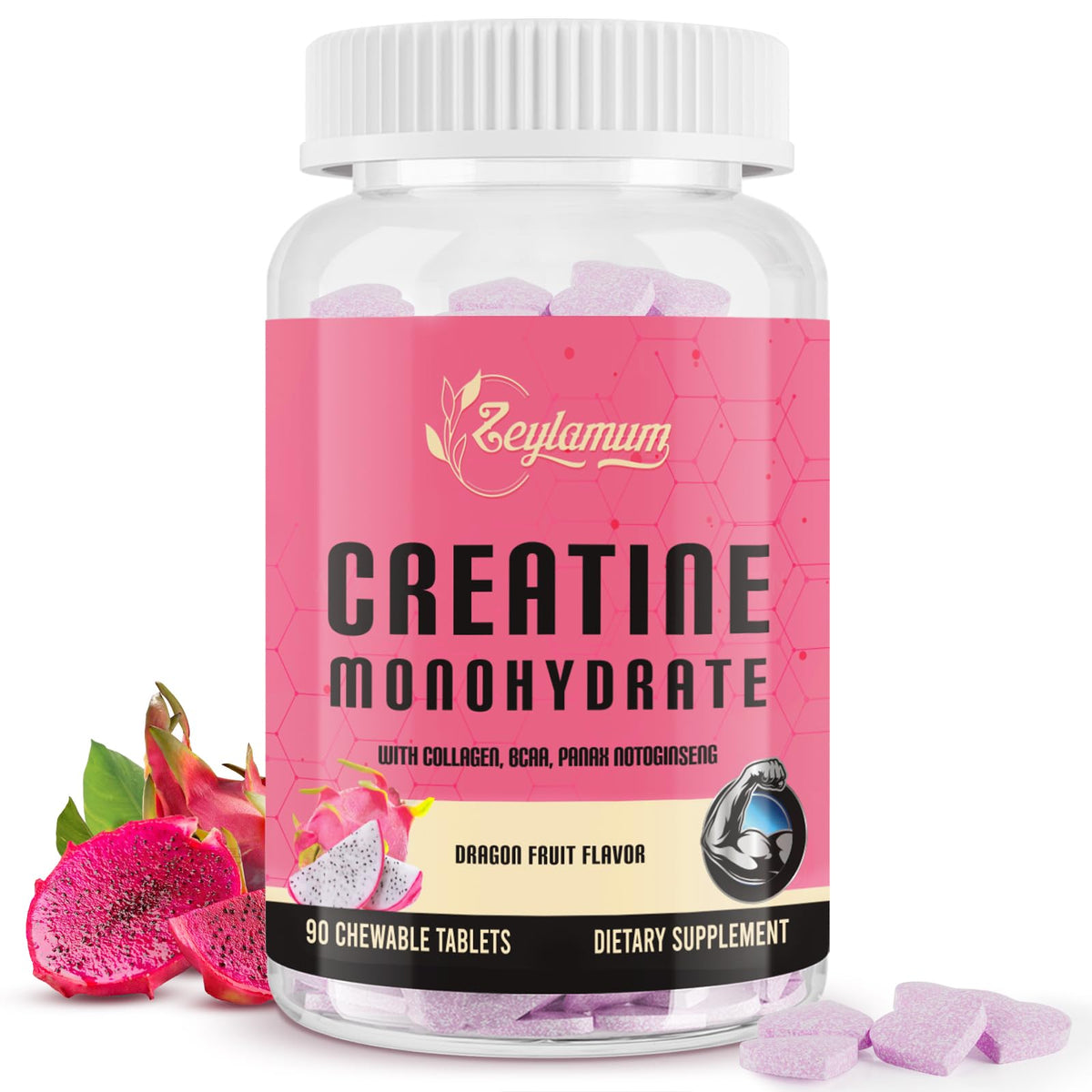 Zeylamum Creatine for Women bottle showing convenient chewable format for on-the-go workouts