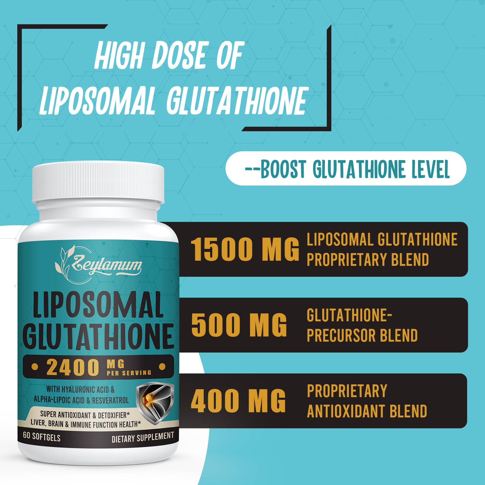Zeylamum liposomal glutathione softgels label highlights HA and resveratrol ingredients.
