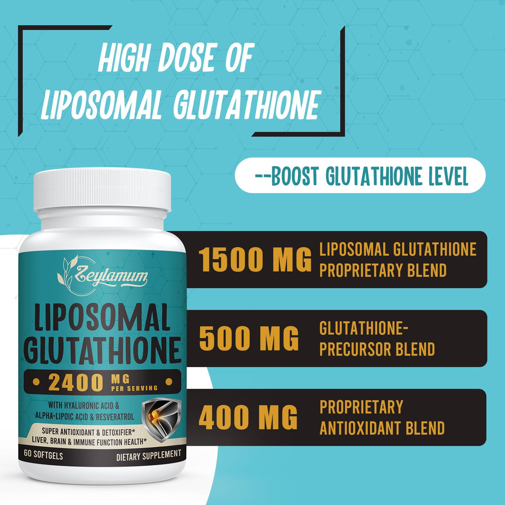 Zeylamum liposomal glutathione softgels label highlights HA and resveratrol ingredients.