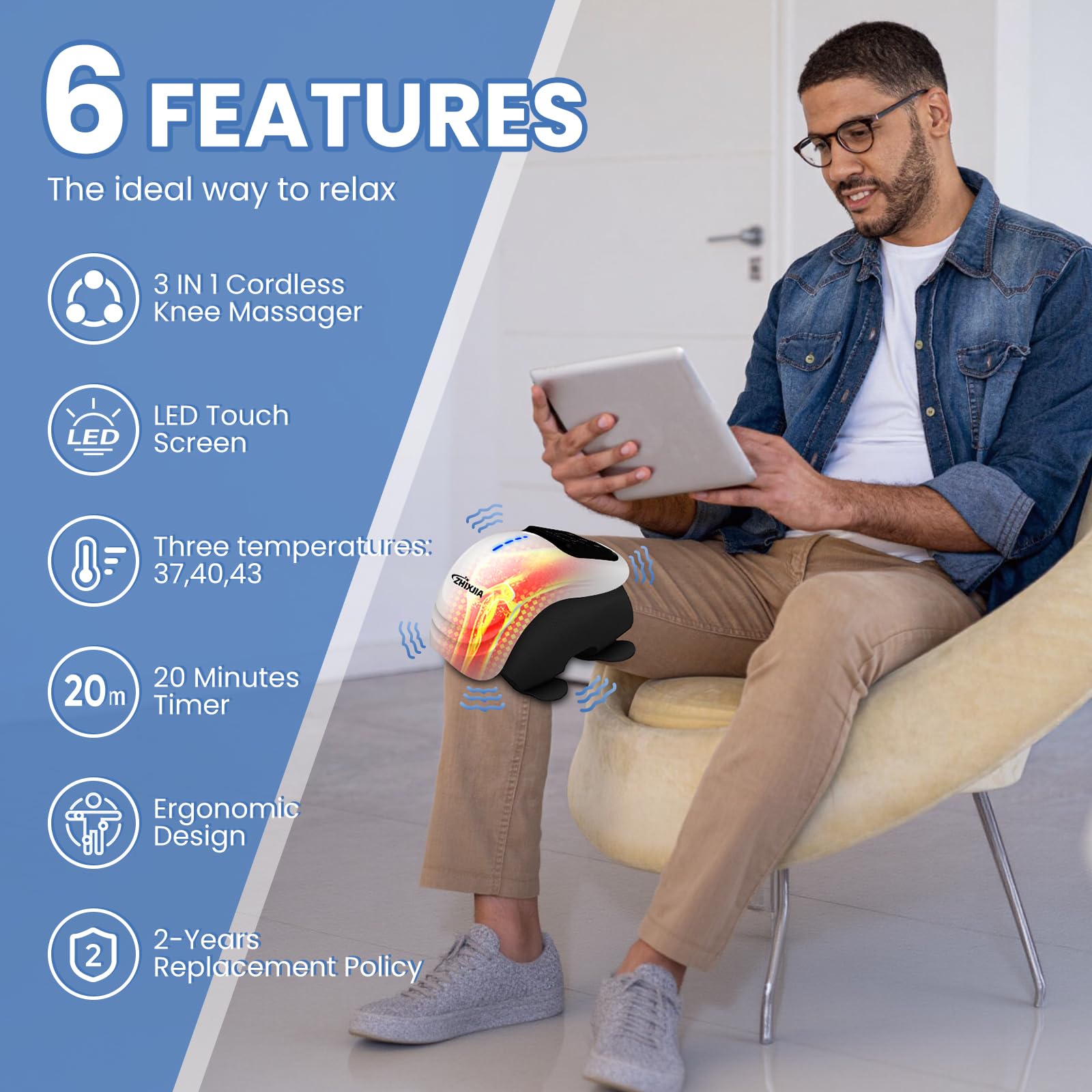 ZHIXJIA knee massager side view highlighting adjustable strap and ergonomic fit