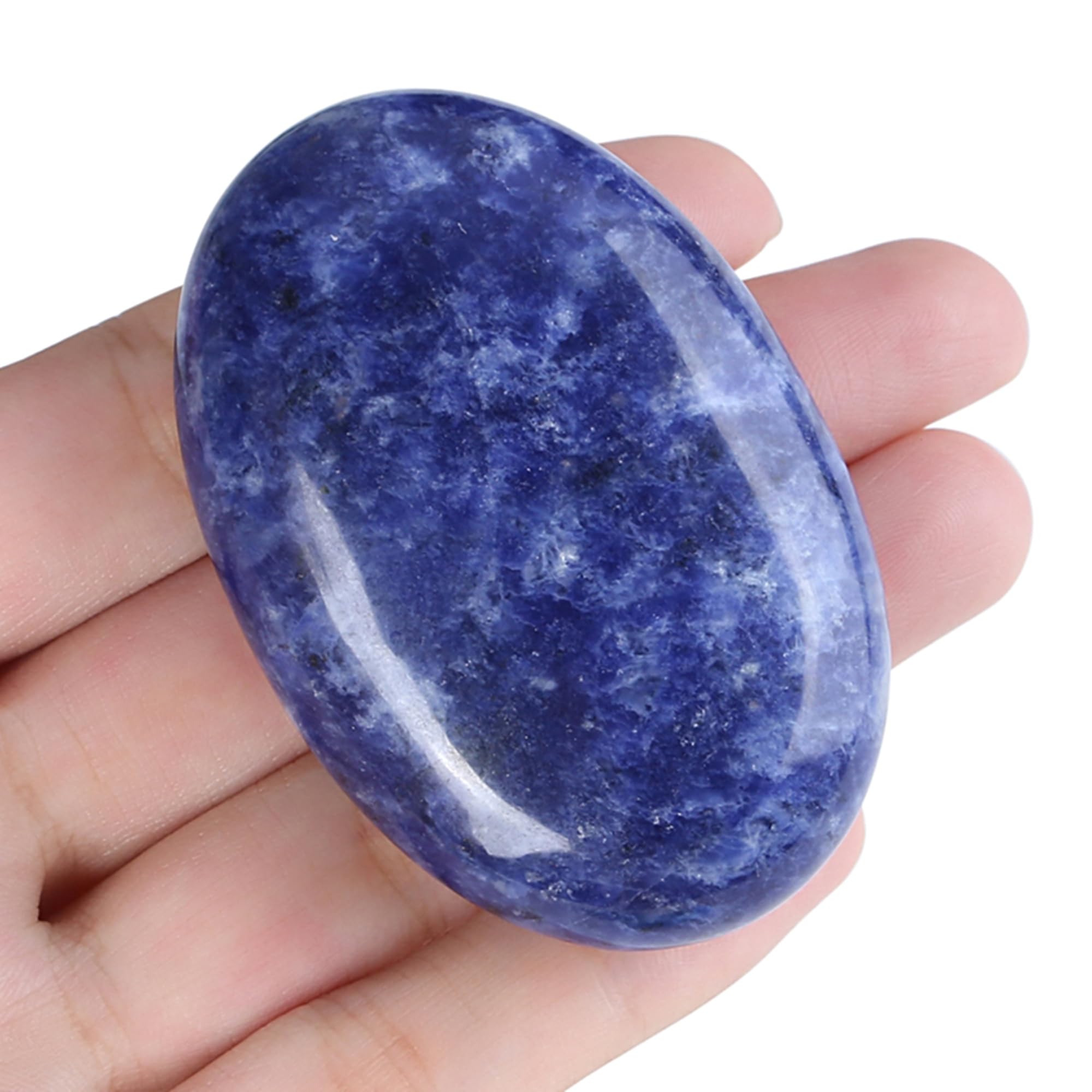 Zhiyuxi blue sodalite palm stone front view for calm focus.