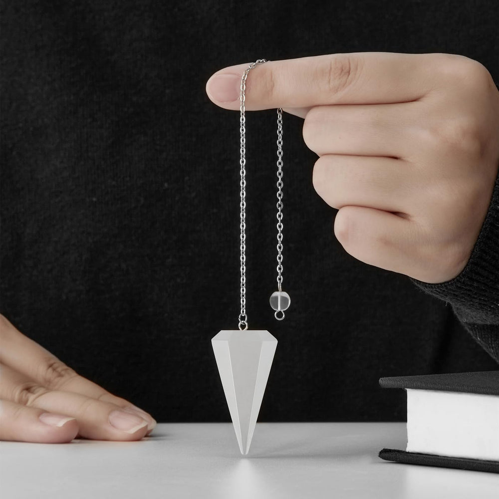 ZHIYUXI clear quartz pendulum close-up showing crystal and chain.