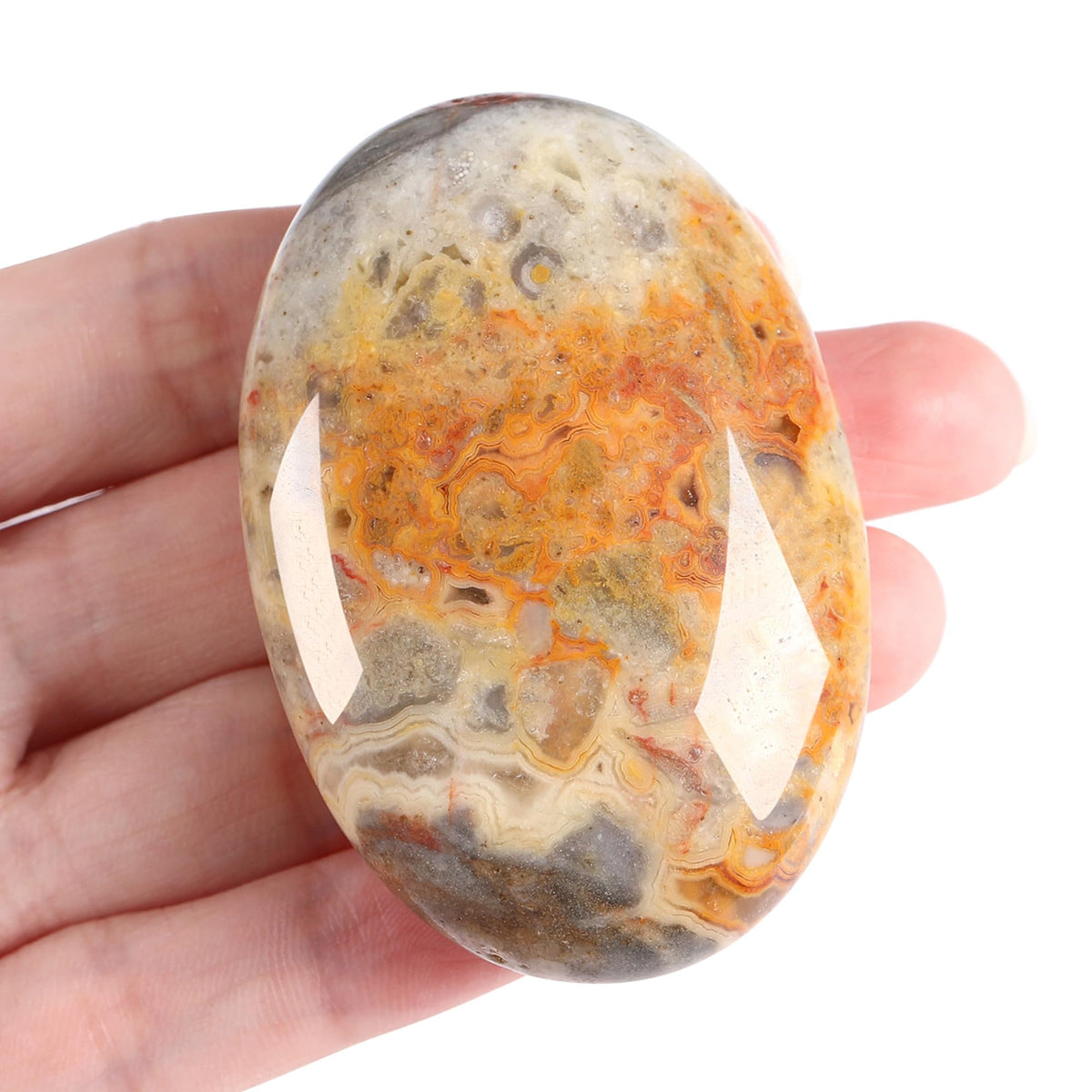 ZHIYUXI Crazy Lace Agate palm stone in oval closeup for calm focus