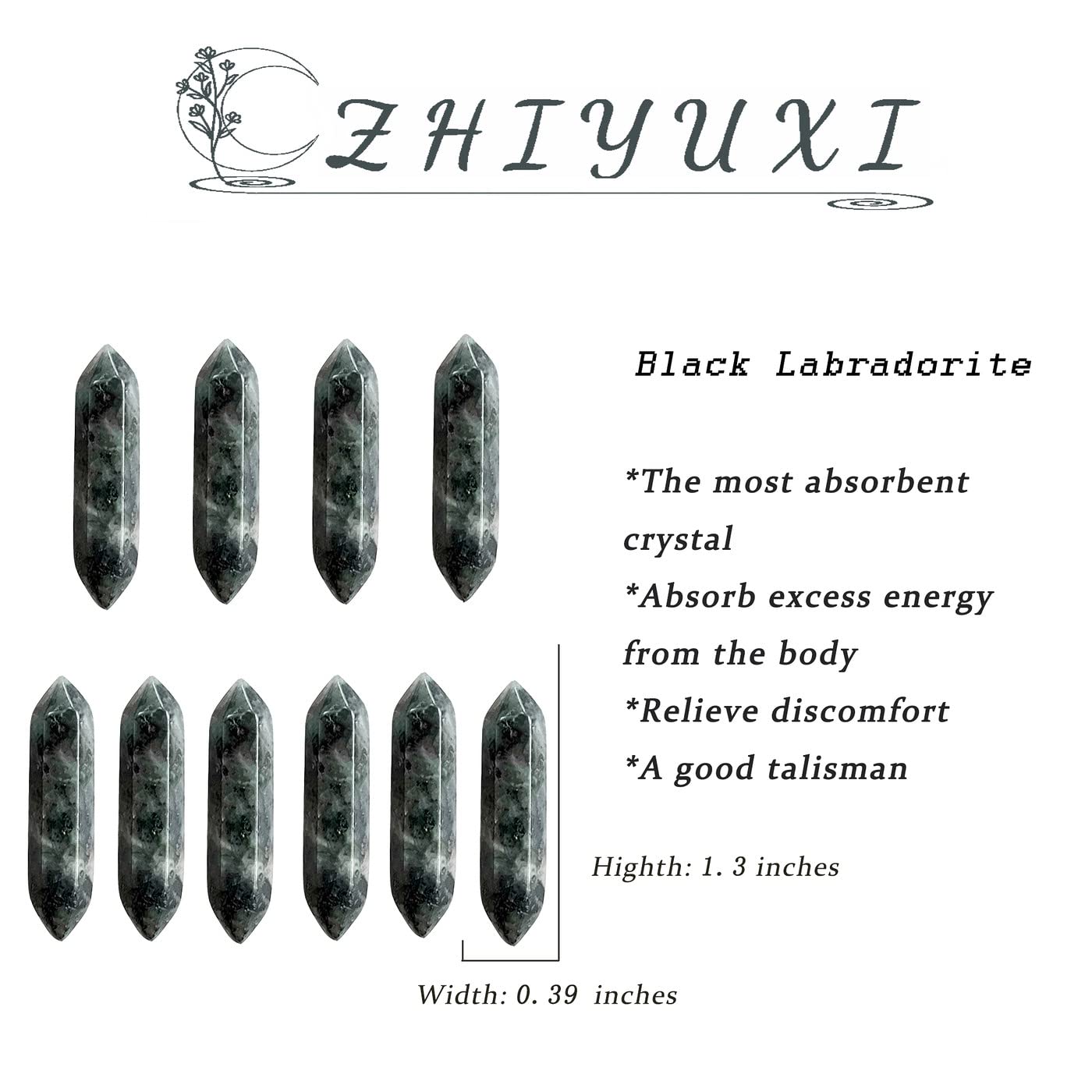 Pierre labradorite noire ZHIYUXI sur étagère, ambiance apaisante.