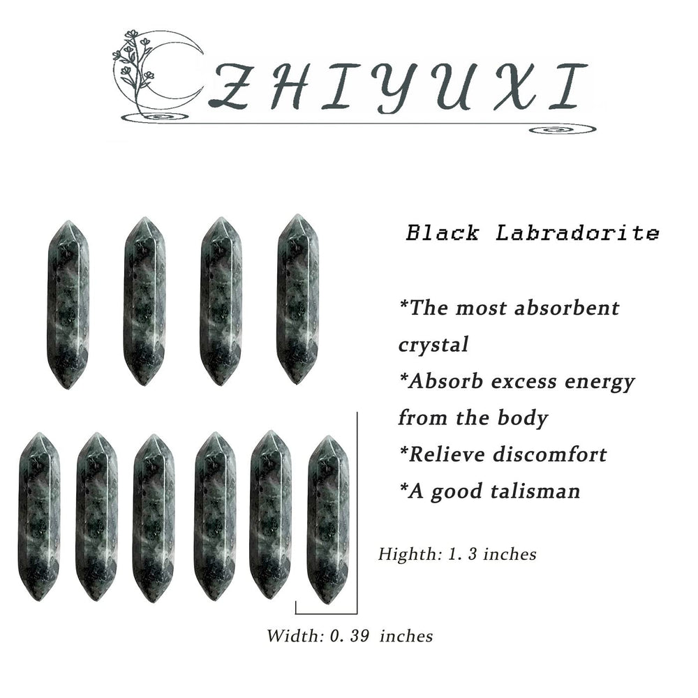 Pierre labradorite noire ZHIYUXI sur étagère, ambiance apaisante.