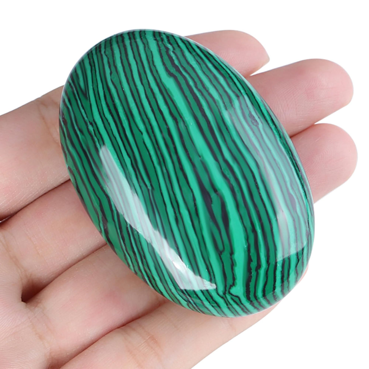 ZHIYUXI Malachite palm stone oval closeup showing rich green bands for calm focus.