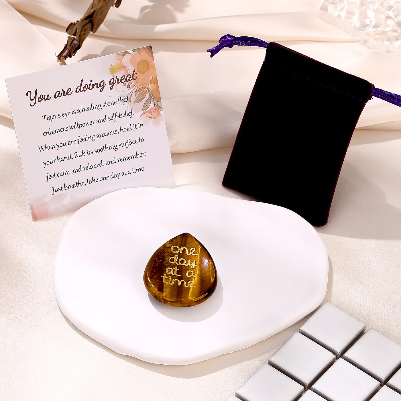 ZHIYUXI tiger eye polished worry stone close-up, natural texture for tactile relief.