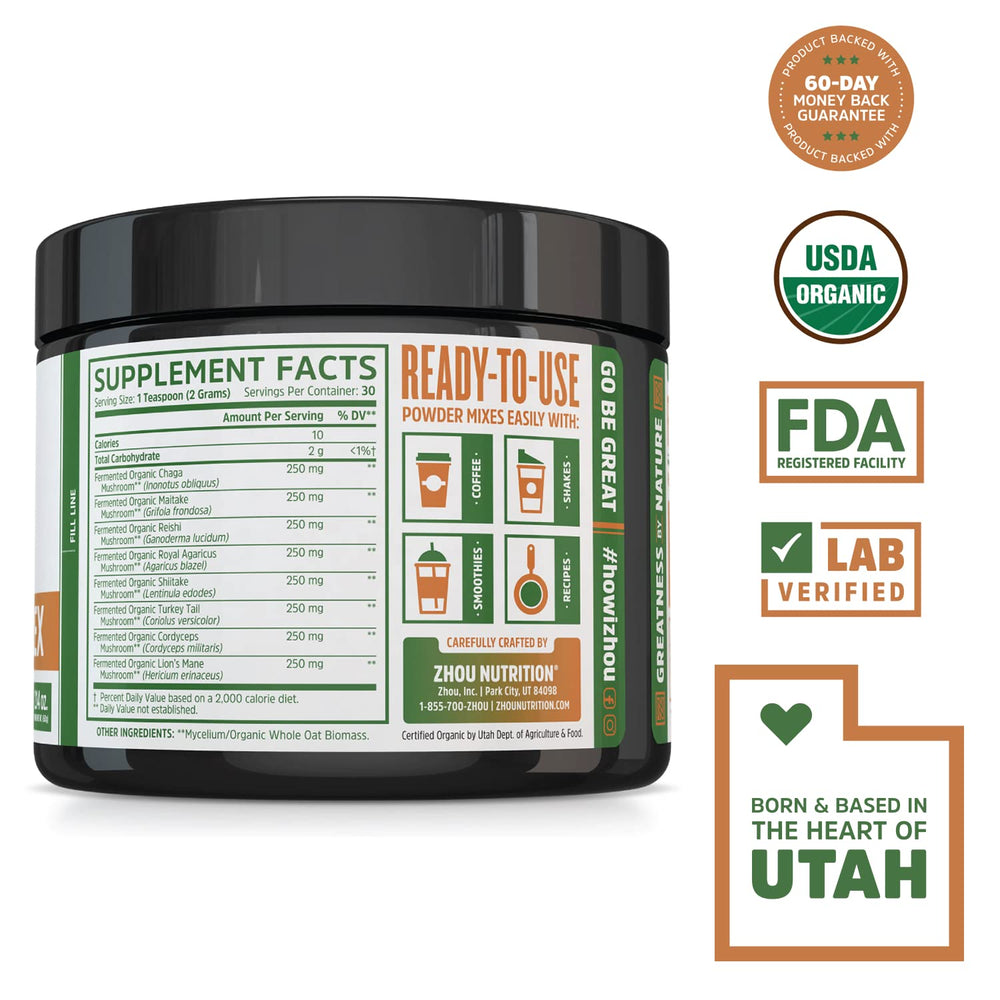 ZHOU Mushroom 8-Plex powder scoop ready to mix into tea or coffee for steady energy.