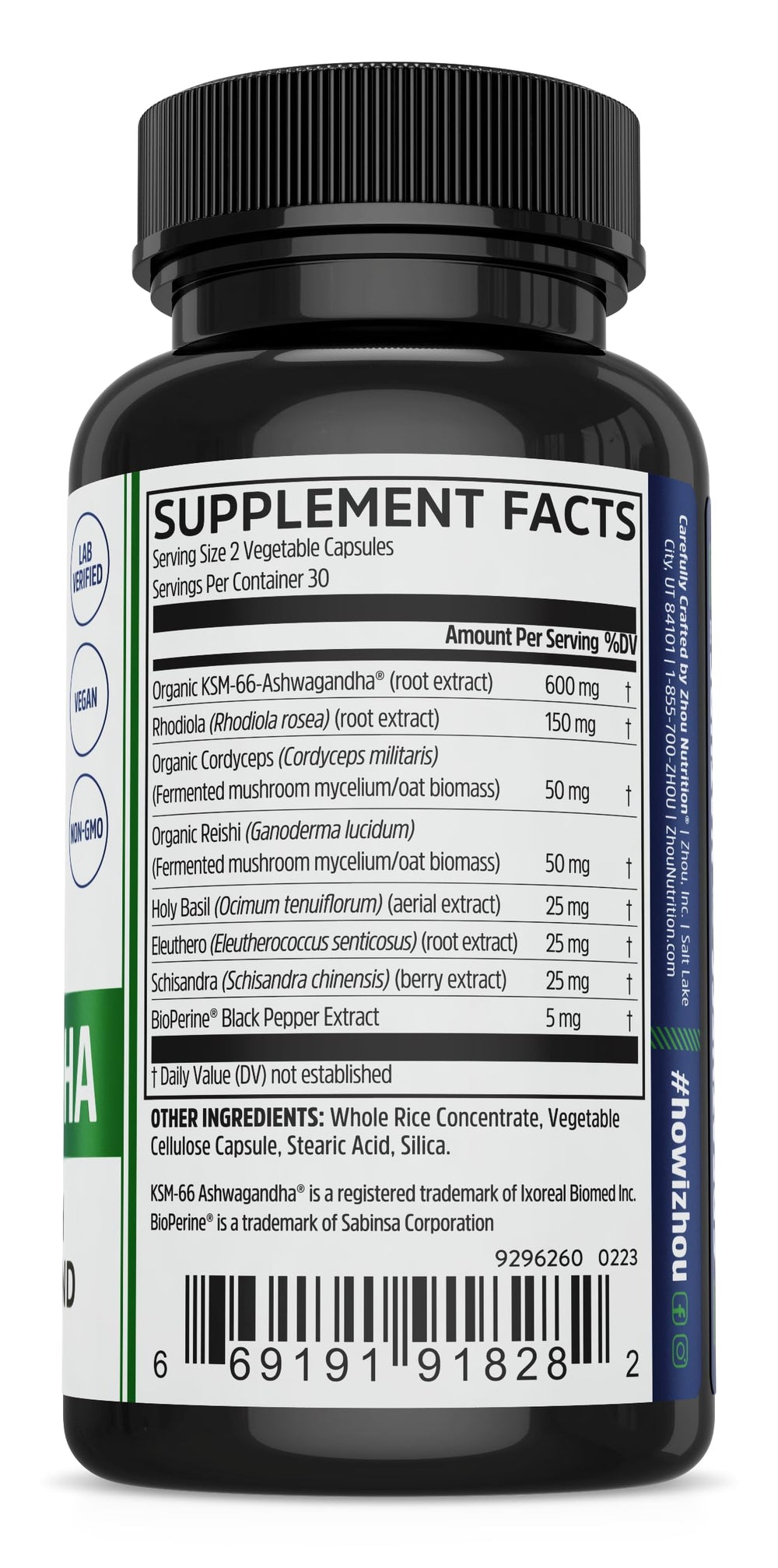 ZHOU Ashwagandha capsules close-up highlighting 1200 mg dose for stress support.
