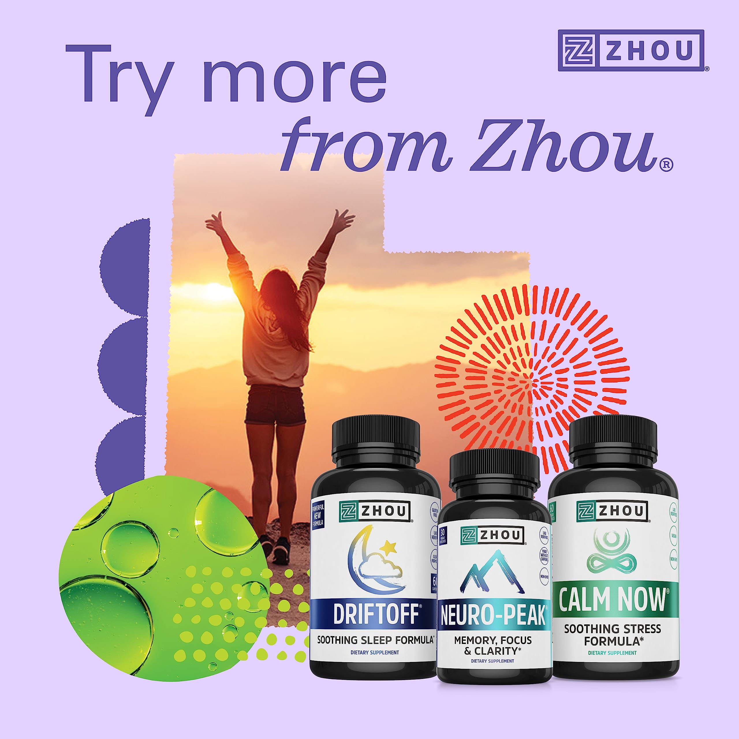 ZHOU Ashwagandha packaging emphasizing vegan capsules and full-body wellness.