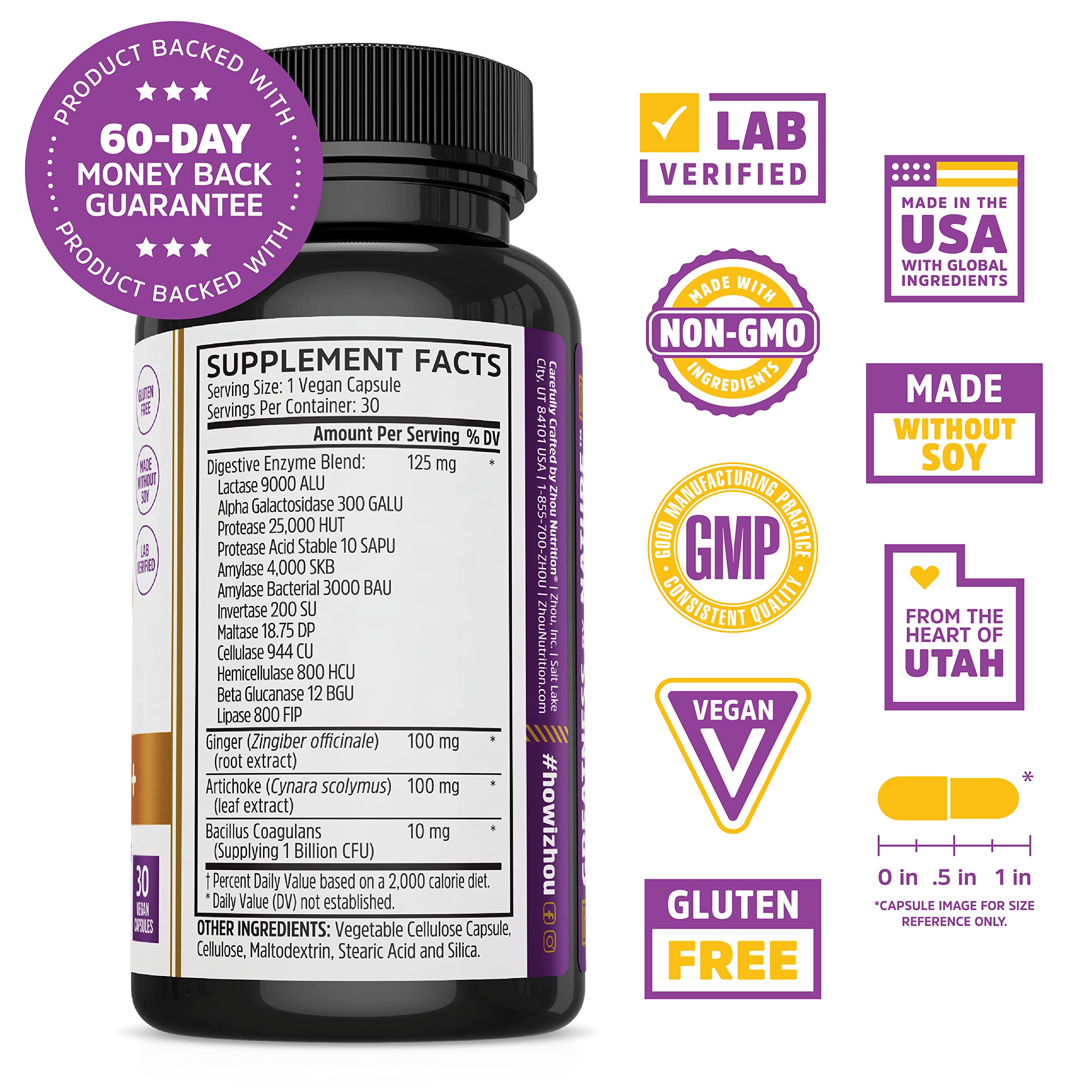 Close-up of Zhou Bloat Blast+ capsules showing enzyme and probiotic blend