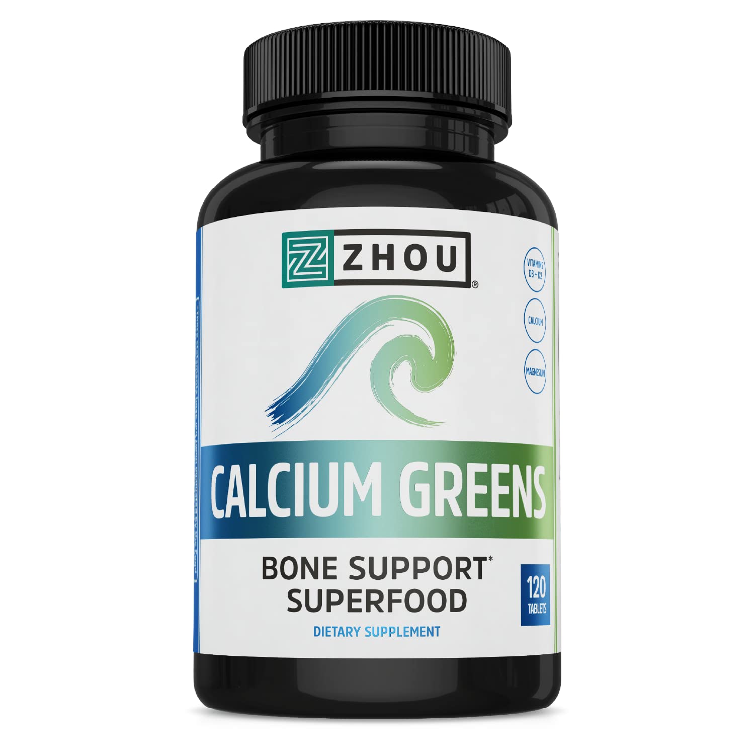 ZHOU Calcium Greens bottle front view highlighting calcium and greens for daily bone support.